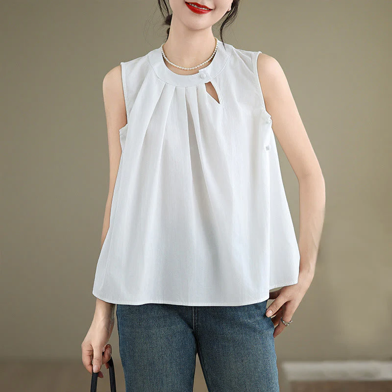 Canotta da donna in cotone e lino, senza maniche, con scollo all'americana, tinta unita , Buddha Stones, estate - Image 13