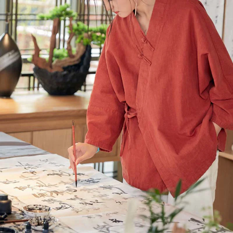 Cappotto a maniche lunghe con bottoni a rana Buddha Stones , design Hanfu, giacca con apertura frontale per meditazione Zen - Image 7