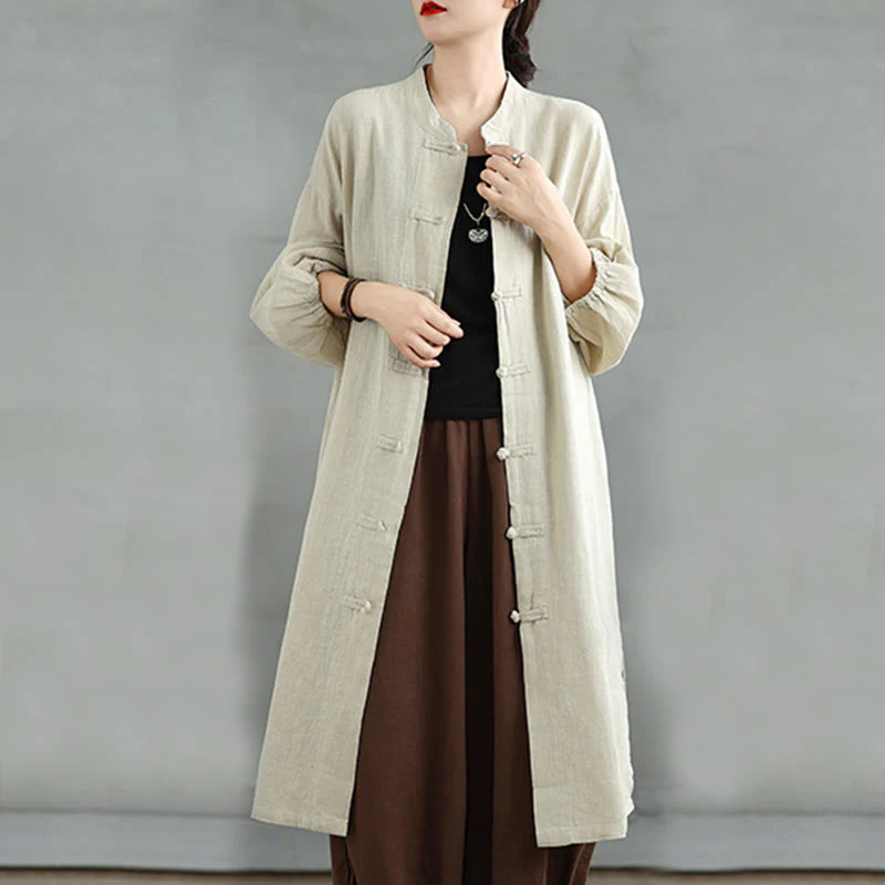 Cappotto casual da donna in cotone e lino con bottoni a rana e tasche Buddha Stones - Image 15