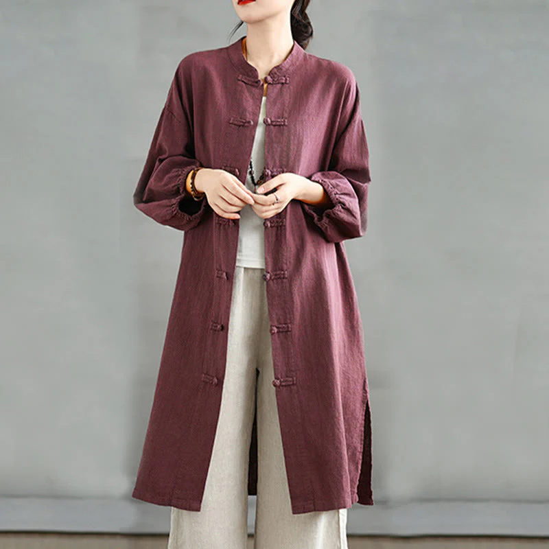 Cappotto casual da donna in cotone e lino con bottoni a rana e tasche Buddha Stones - Image 2