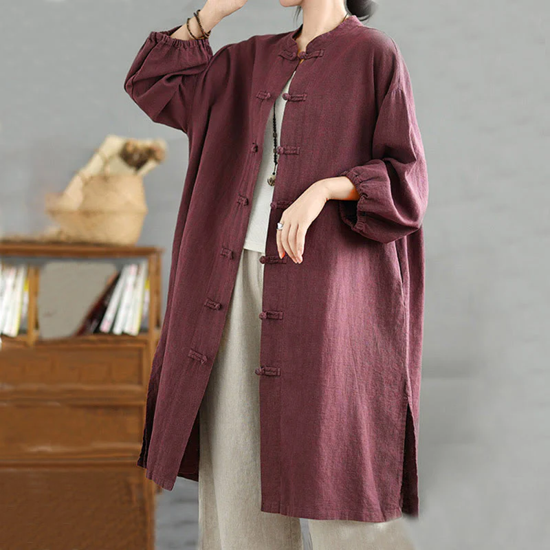 Cappotto casual da donna in cotone e lino con bottoni a rana e tasche Buddha Stones - Image 3