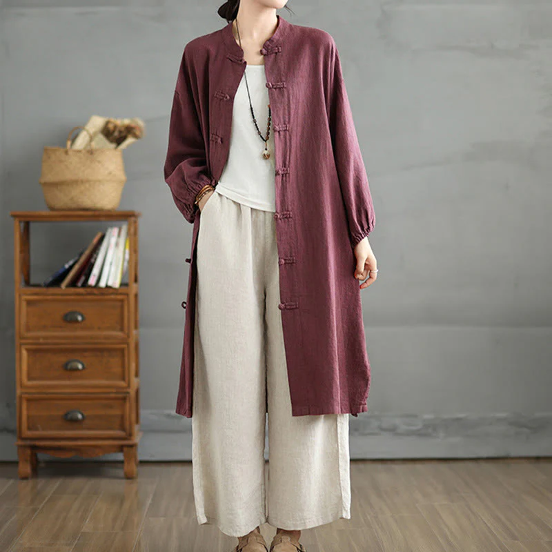 Cappotto casual da donna in cotone e lino con bottoni a rana e tasche Buddha Stones - Image 4