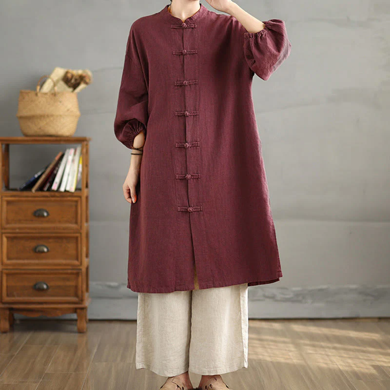 Cappotto casual da donna in cotone e lino con bottoni a rana e tasche Buddha Stones - Image 5