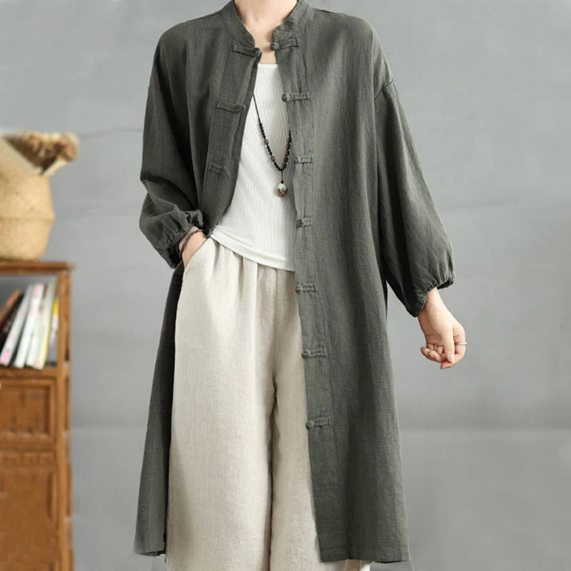 Cappotto casual da donna in cotone e lino con bottoni a rana e tasche Buddha Stones - Image 7