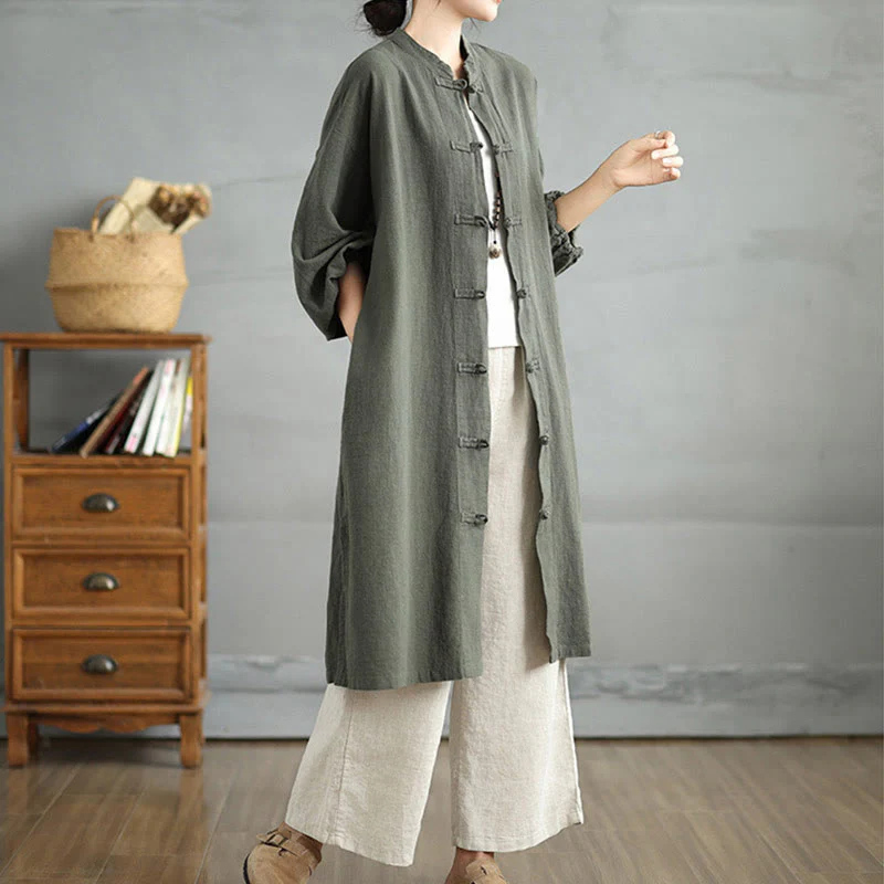 Cappotto casual da donna in cotone e lino con bottoni a rana e tasche Buddha Stones - Image 8