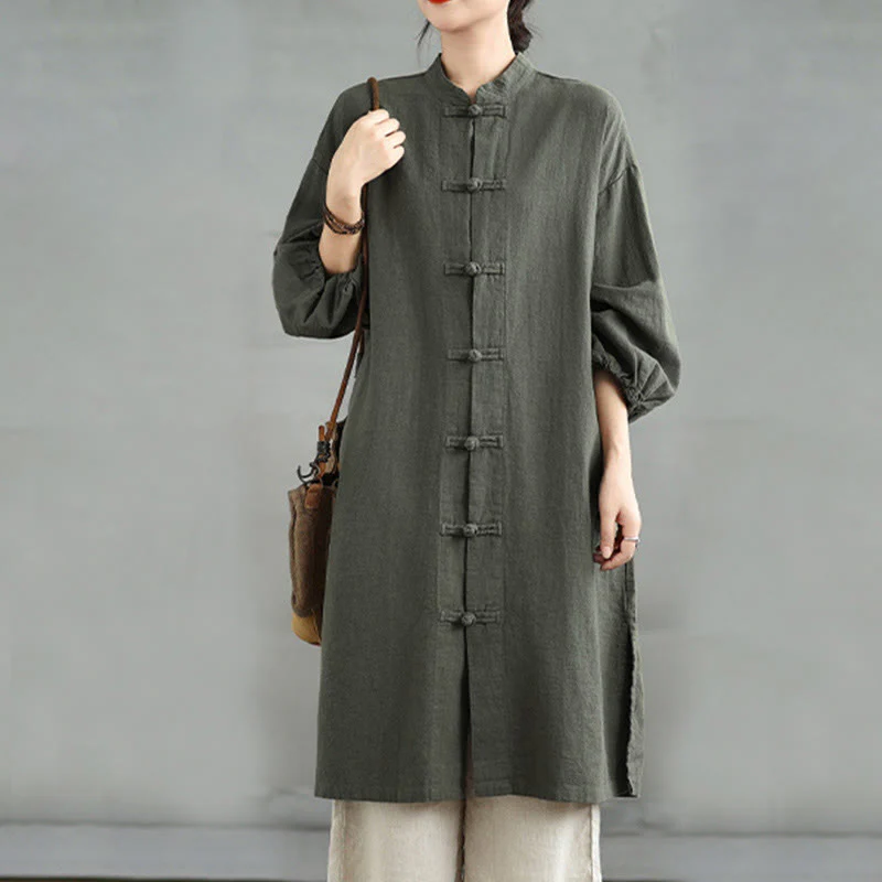 Cappotto casual da donna in cotone e lino con bottoni a rana e tasche Buddha Stones - Image 9