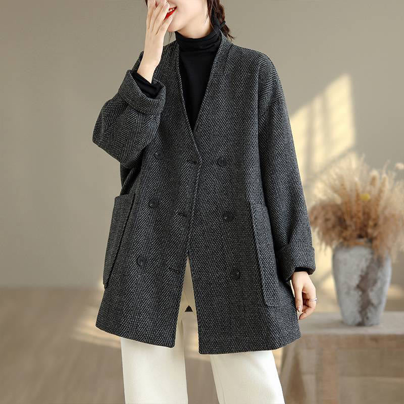 Cappotto da donna in cotone con maniche lunghe, scollo a V e strisce Buddha Stones con tasche