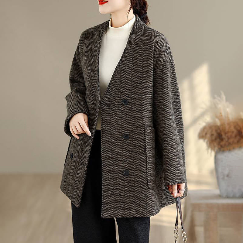 Cappotto da donna in cotone con maniche lunghe, scollo a V e strisce Buddha Stones con tasche - Image 16