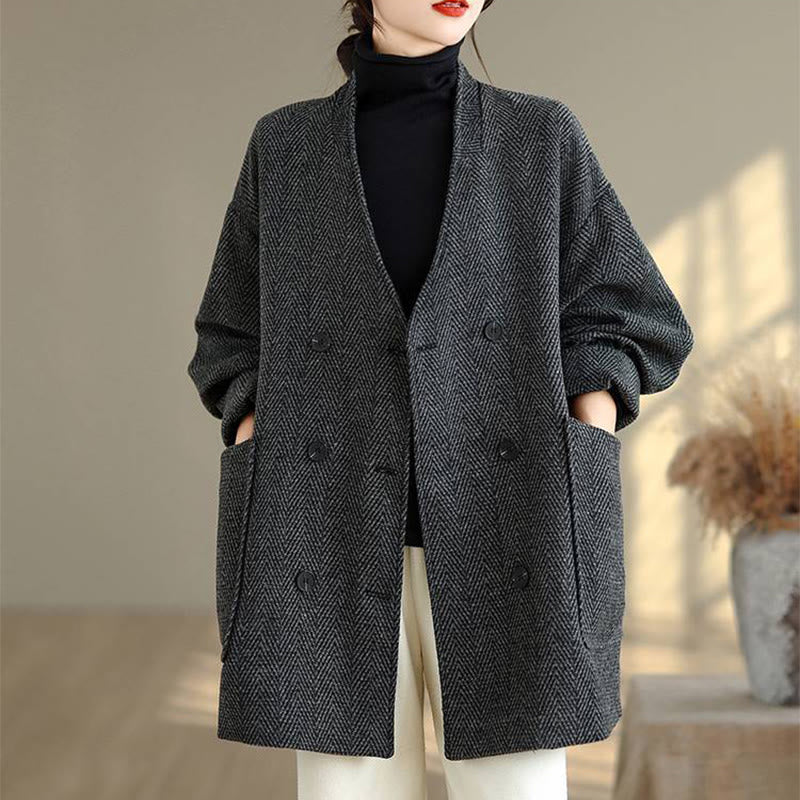 Cappotto da donna in cotone con maniche lunghe, scollo a V e strisce Buddha Stones con tasche - Image 2