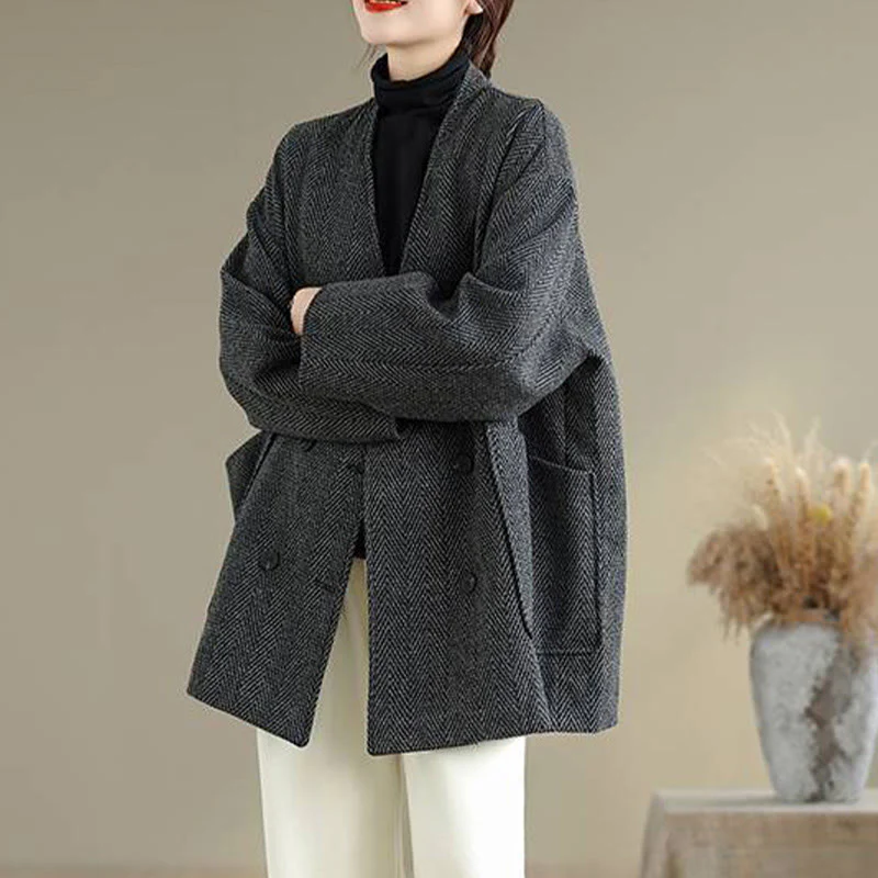 Cappotto da donna in cotone con maniche lunghe, scollo a V e strisce Buddha Stones con tasche - Image 3