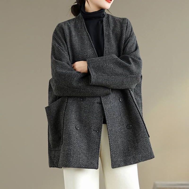 Cappotto da donna in cotone con maniche lunghe, scollo a V e strisce Buddha Stones con tasche - Image 4