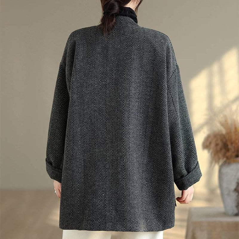Cappotto da donna in cotone con maniche lunghe, scollo a V e strisce Buddha Stones con tasche - Image 5