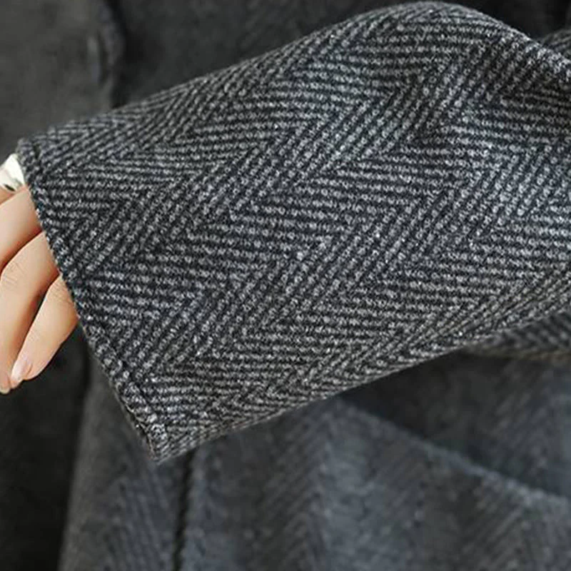 Cappotto da donna in cotone con maniche lunghe, scollo a V e strisce Buddha Stones con tasche - Image 9