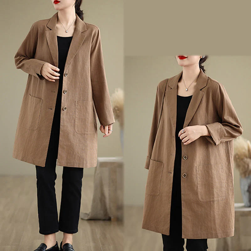 Cappotto da donna in cotone e lino con tasche, modello Buddha Stones, casual, con bottoni e revers - Image 14
