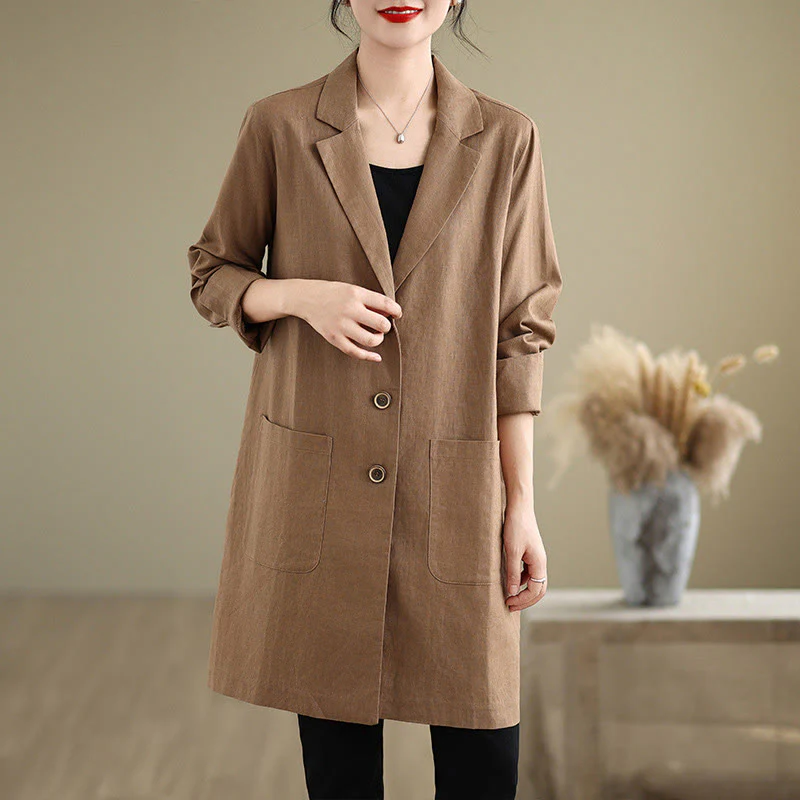 Cappotto da donna in cotone e lino con tasche, modello Buddha Stones, casual, con bottoni e revers - Image 8