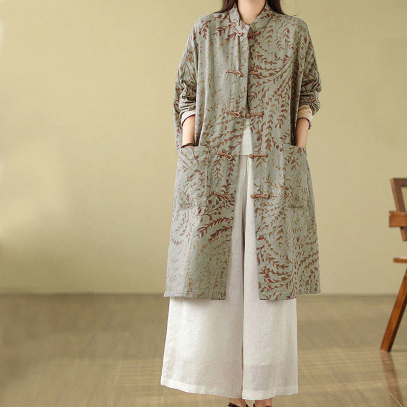 Cappotto da donna con foglie di vite e bottoni a rana, con tasche, in Buddha Stones - Image 2