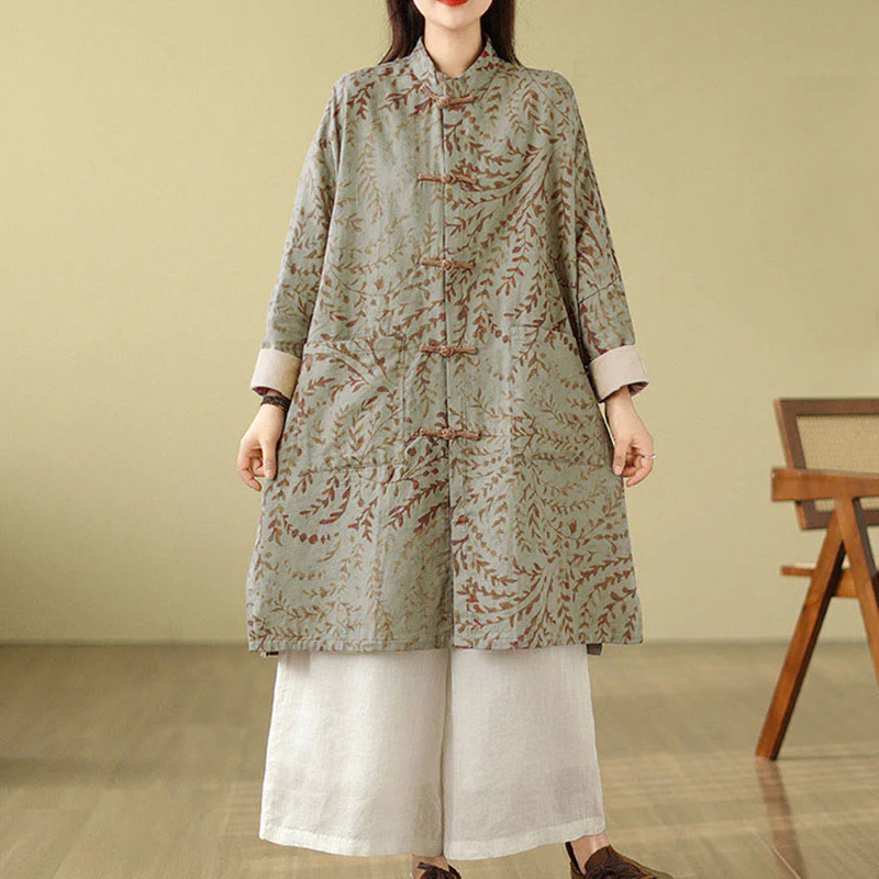 Cappotto da donna con foglie di vite e bottoni a rana, con tasche, in Buddha Stones - Image 3