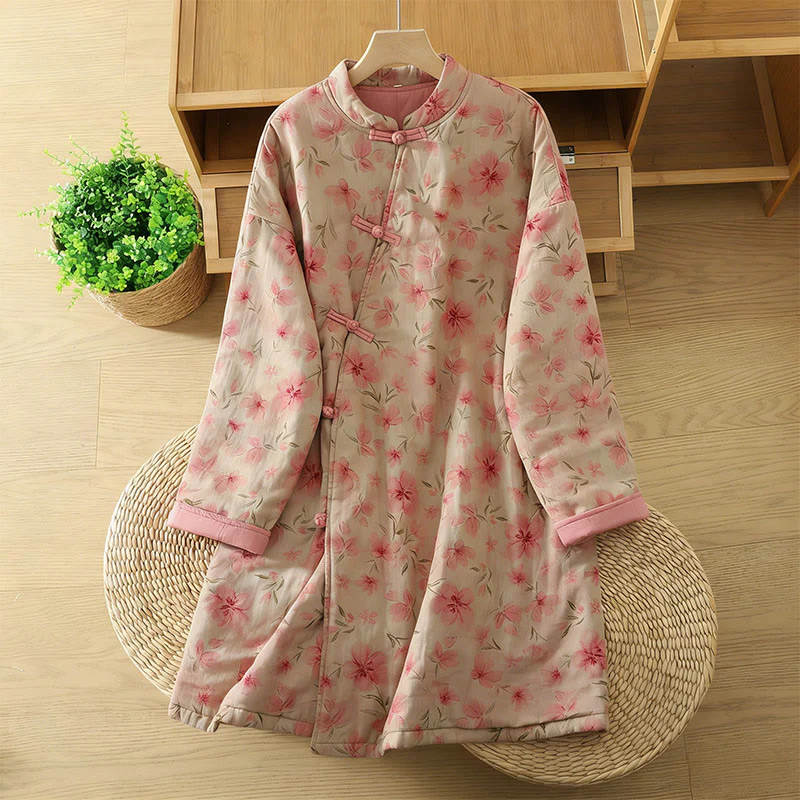 Cappotto da donna con maniche lunghe e collo rotondo, motivo floreale con bottoni a rana Buddha Stones
