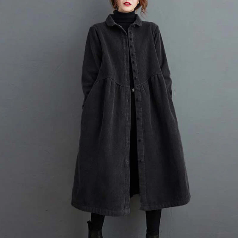Cappotto da donna in velluto a coste di cotone con fodera in pile, maniche lunghe, bottoni semplici, Buddha Stones, con tasche