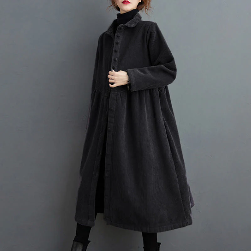 Cappotto da donna in velluto a coste di cotone con fodera in pile, maniche lunghe, bottoni semplici, Buddha Stones, con tasche - Image 2