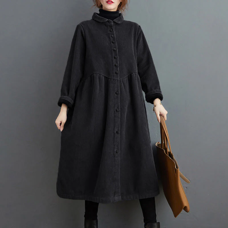 Cappotto da donna in velluto a coste di cotone con fodera in pile, maniche lunghe, bottoni semplici, Buddha Stones, con tasche - Image 3