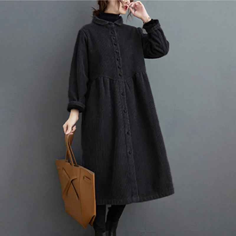 Cappotto da donna in velluto a coste di cotone con fodera in pile, maniche lunghe, bottoni semplici, Buddha Stones, con tasche - Image 4