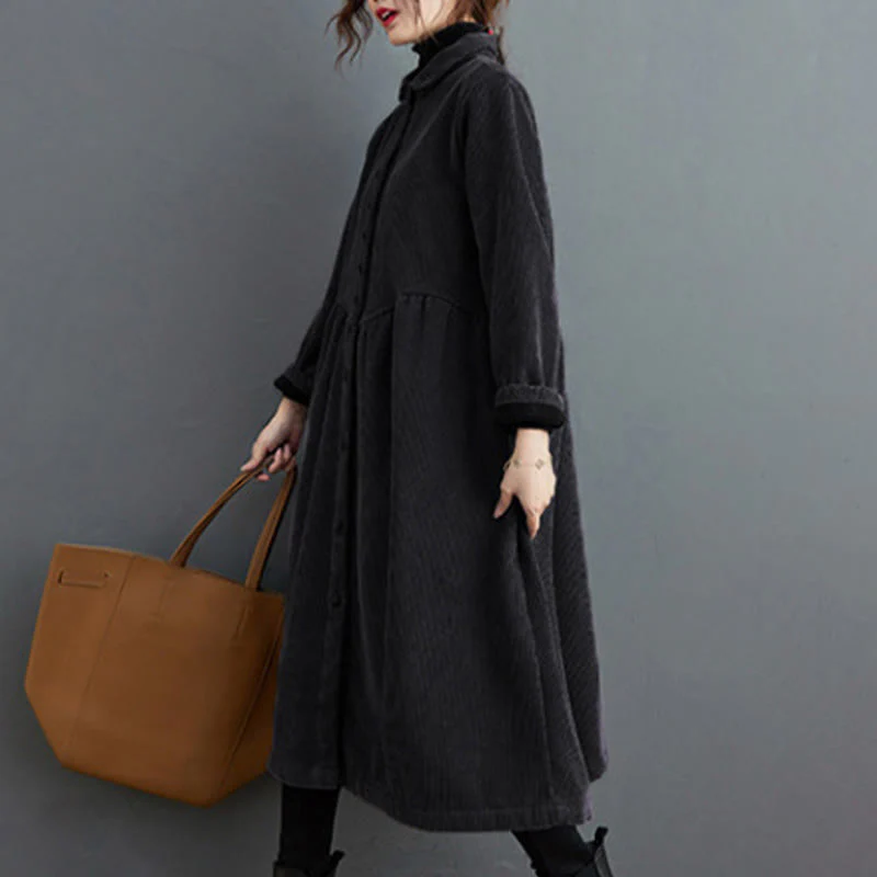 Cappotto da donna in velluto a coste di cotone con fodera in pile, maniche lunghe, bottoni semplici, Buddha Stones, con tasche - Image 5