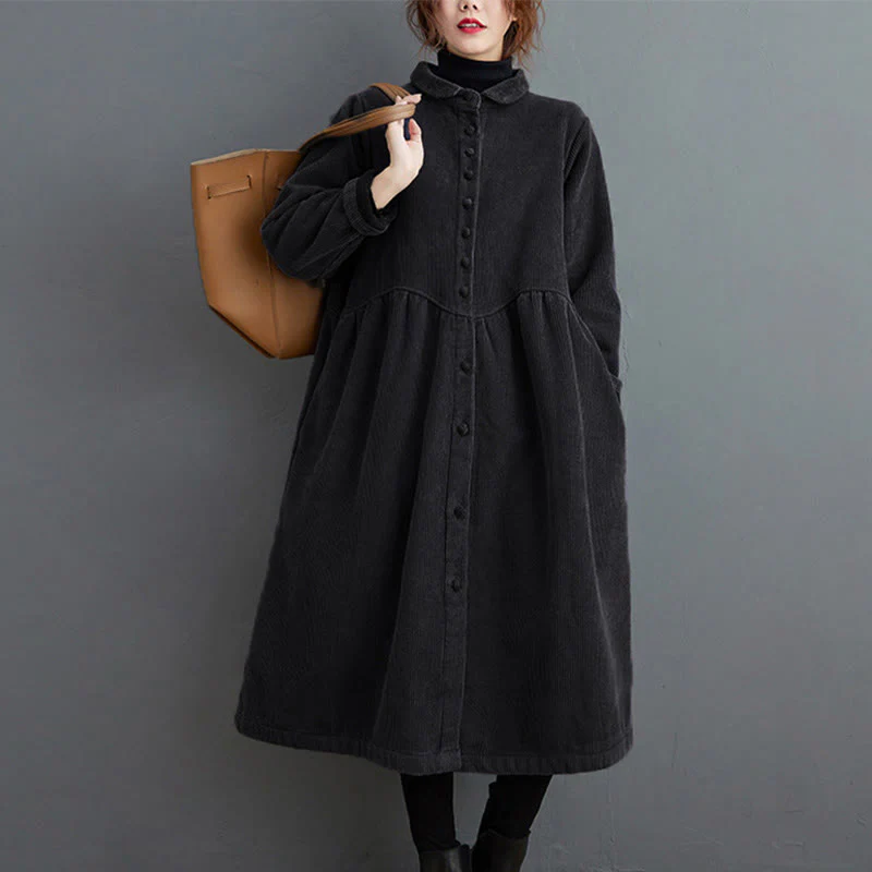 Cappotto da donna in velluto a coste di cotone con fodera in pile, maniche lunghe, bottoni semplici, Buddha Stones, con tasche - Image 6