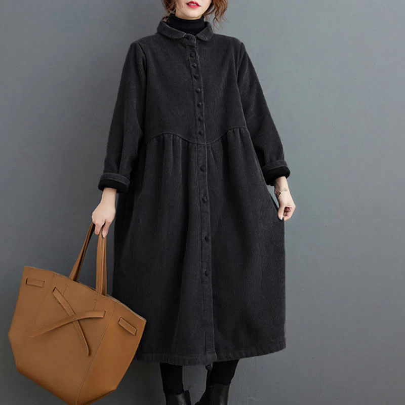 Cappotto da donna in velluto a coste di cotone con fodera in pile, maniche lunghe, bottoni semplici, Buddha Stones, con tasche - Image 7