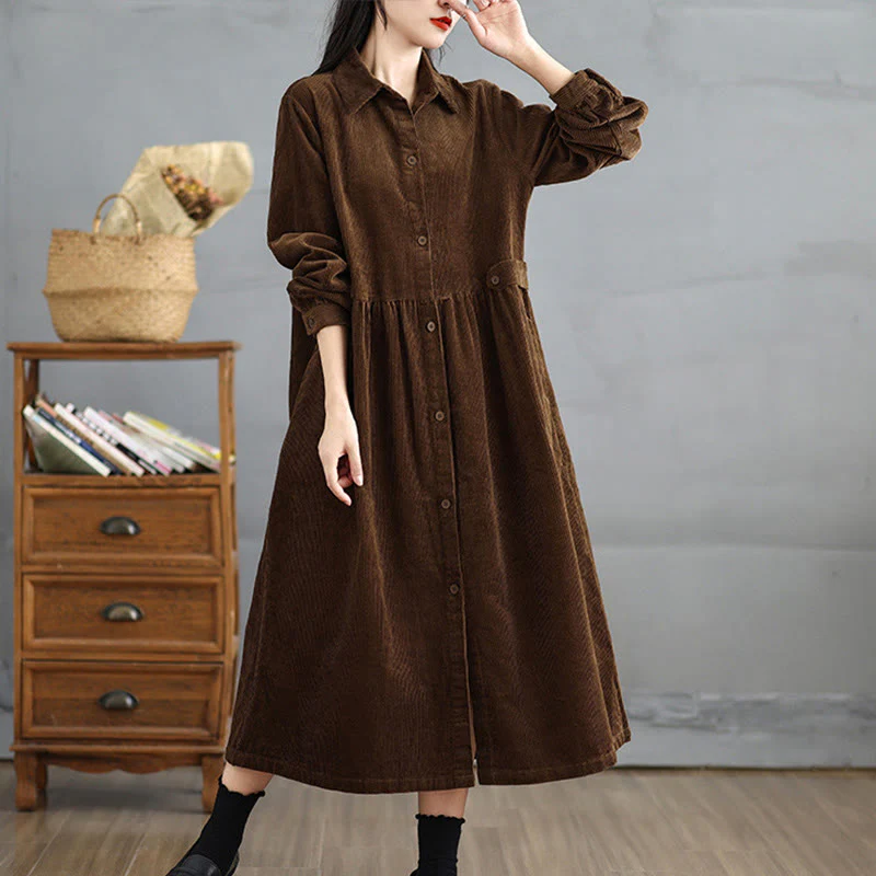 Cappotto da donna in velluto a coste di cotone con tasche e bottoni semplici, a maniche lunghe, Buddha Stones