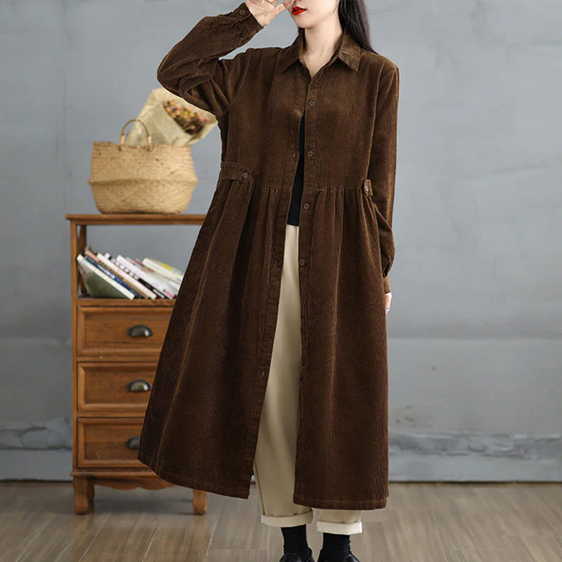Cappotto da donna in velluto a coste di cotone con tasche e bottoni semplici, a maniche lunghe, Buddha Stones - Image 2