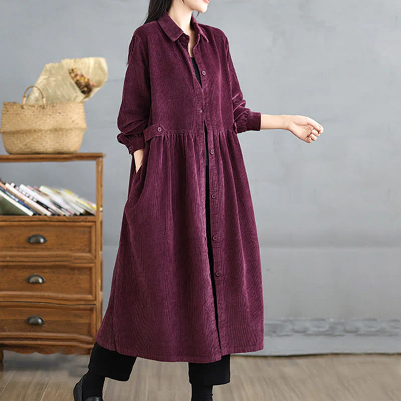 Cappotto da donna in velluto a coste di cotone con tasche e bottoni semplici, a maniche lunghe, Buddha Stones - Image 20