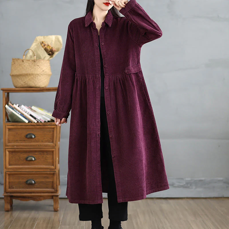 Cappotto da donna in velluto a coste di cotone con tasche e bottoni semplici, a maniche lunghe, Buddha Stones - Image 21