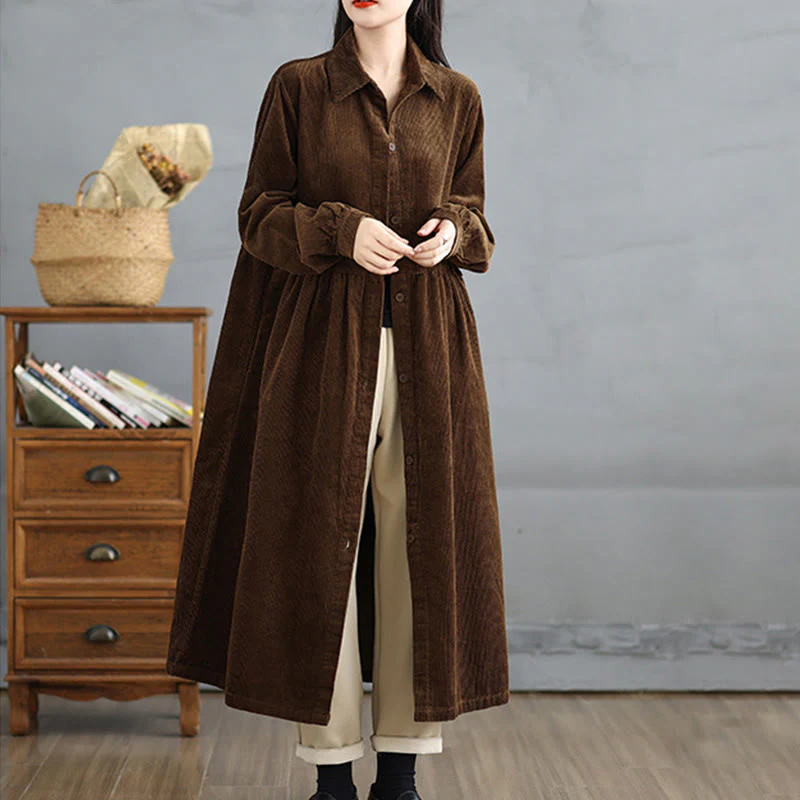 Cappotto da donna in velluto a coste di cotone con tasche e bottoni semplici, a maniche lunghe, Buddha Stones - Image 3