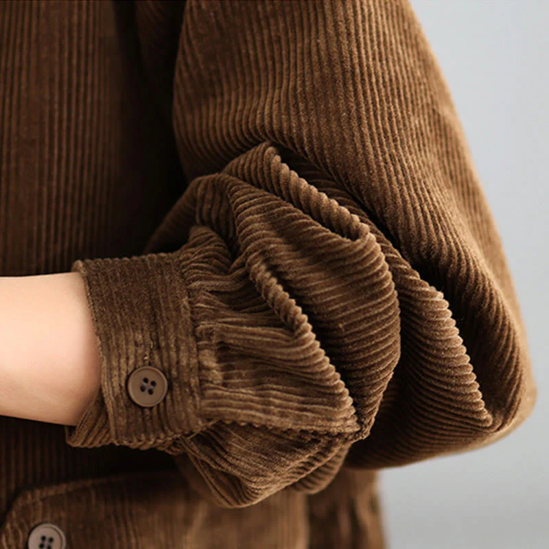 Cappotto da donna in velluto a coste di cotone con tasche e bottoni semplici, a maniche lunghe, Buddha Stones - Image 8