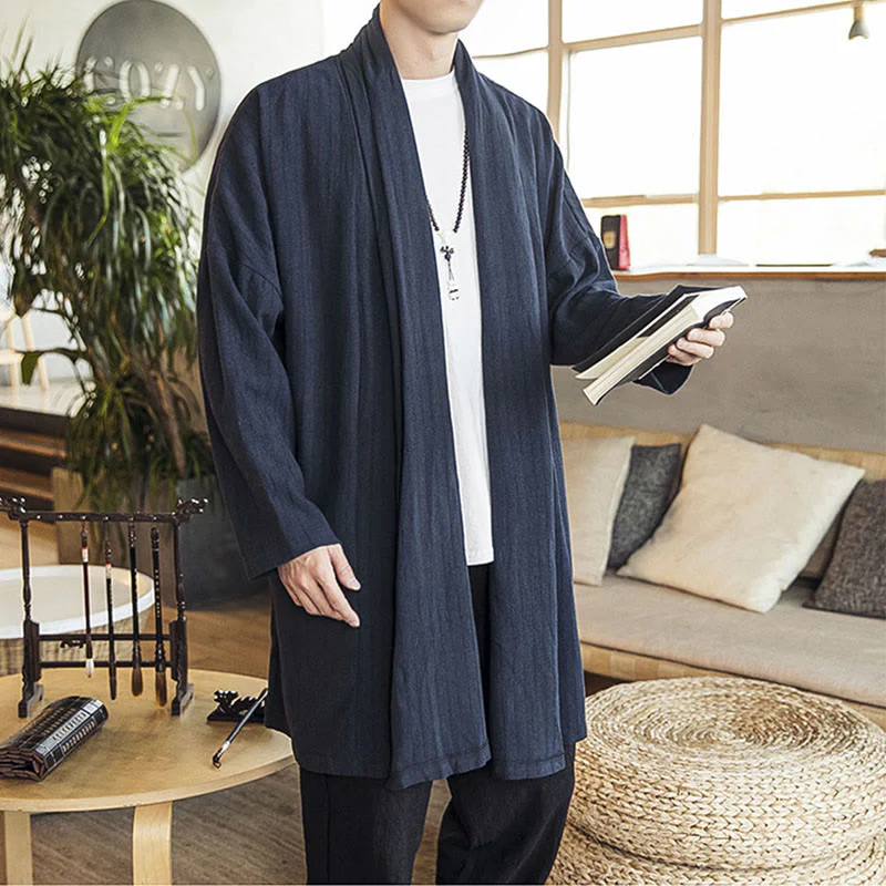 Cappotto da uomo di media lunghezza in misto lino semplice e casual, modello Buddha Stones Fall - Image 19
