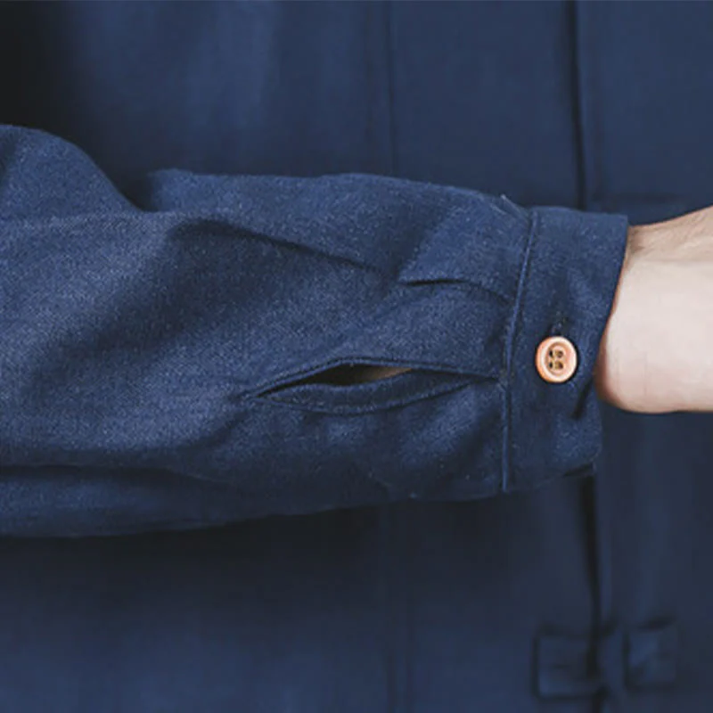 Cappotto da uomo in lino con bottoni a forma di rana, lunghezza media , Buddha Stones Fall Zen Clothing - Image 12