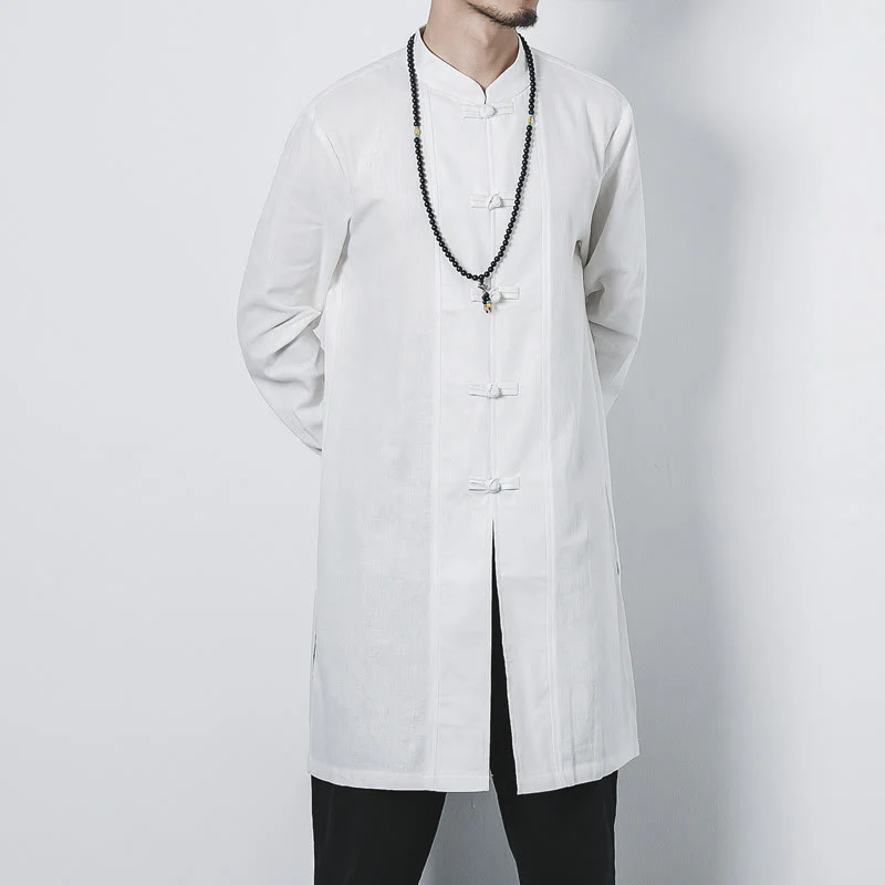 Cappotto da uomo in lino con bottoni a forma di rana, lunghezza media , Buddha Stones Fall Zen Clothing - Image 16