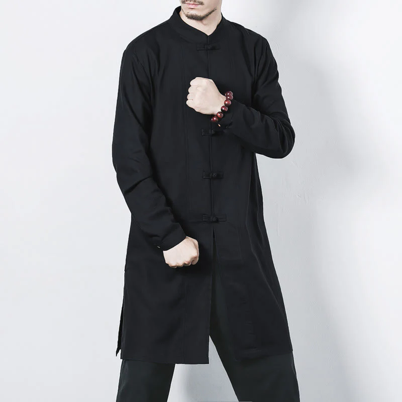 Cappotto da uomo in lino con bottoni a forma di rana, lunghezza media , Buddha Stones Fall Zen Clothing - Image 17