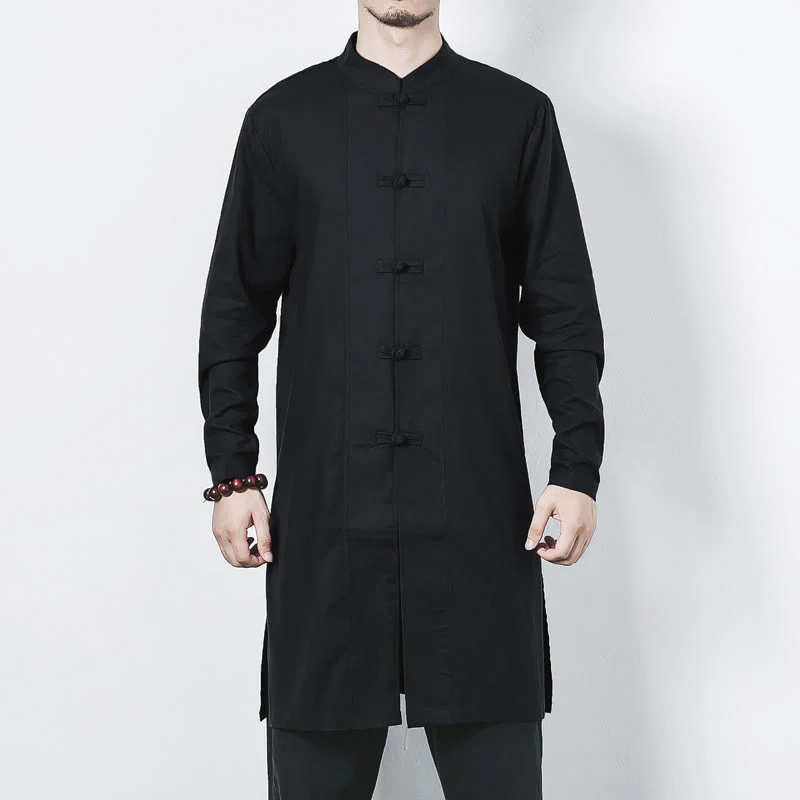 Cappotto da uomo in lino con bottoni a forma di rana, lunghezza media , Buddha Stones Fall Zen Clothing - Image 18