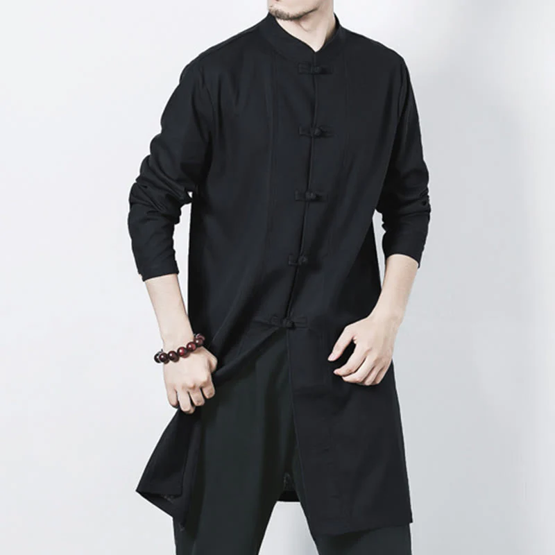 Cappotto da uomo in lino con bottoni a forma di rana, lunghezza media , Buddha Stones Fall Zen Clothing - Image 19