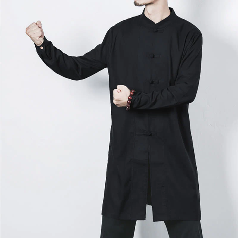 Cappotto da uomo in lino con bottoni a forma di rana, lunghezza media , Buddha Stones Fall Zen Clothing - Image 22