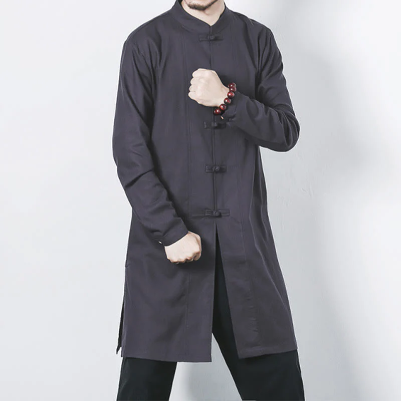 Cappotto da uomo in lino con bottoni a forma di rana, lunghezza media , Buddha Stones Fall Zen Clothing - Image 23