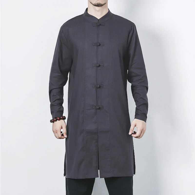 Cappotto da uomo in lino con bottoni a forma di rana, lunghezza media , Buddha Stones Fall Zen Clothing - Image 24