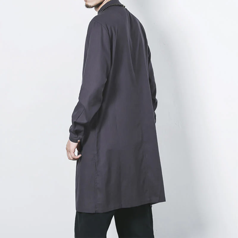 Cappotto da uomo in lino con bottoni a forma di rana, lunghezza media , Buddha Stones Fall Zen Clothing - Image 25