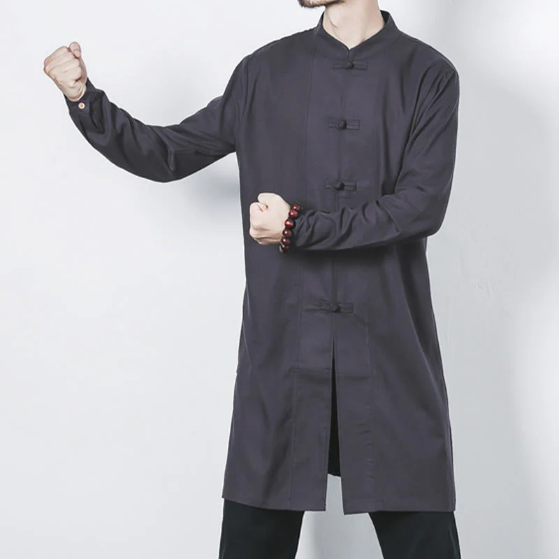 Cappotto da uomo in lino con bottoni a forma di rana, lunghezza media , Buddha Stones Fall Zen Clothing - Image 26