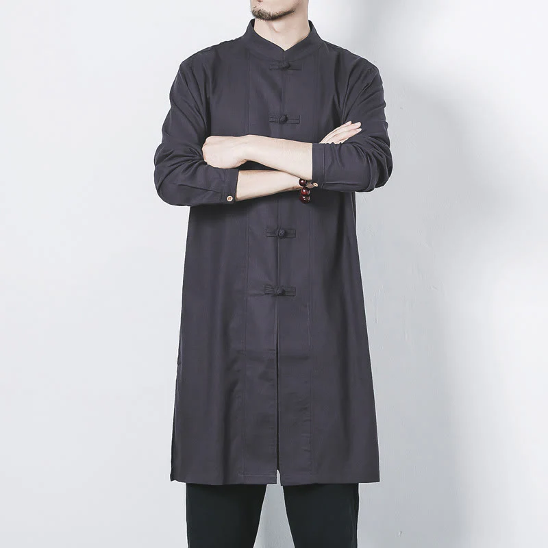 Cappotto da uomo in lino con bottoni a forma di rana, lunghezza media , Buddha Stones Fall Zen Clothing - Image 27