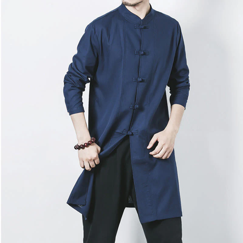 Cappotto da uomo in lino con bottoni a forma di rana, lunghezza media , Buddha Stones Fall Zen Clothing - Image 3