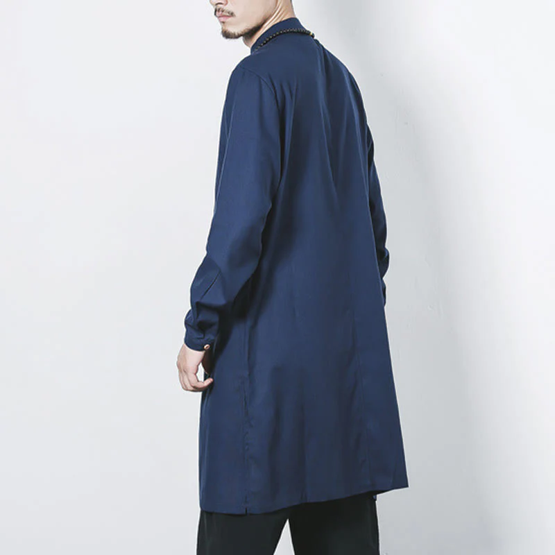 Cappotto da uomo in lino con bottoni a forma di rana, lunghezza media , Buddha Stones Fall Zen Clothing - Image 4