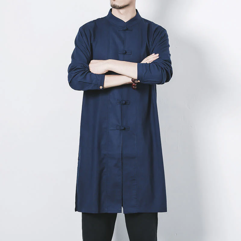 Cappotto da uomo in lino con bottoni a forma di rana, lunghezza media , Buddha Stones Fall Zen Clothing - Image 8